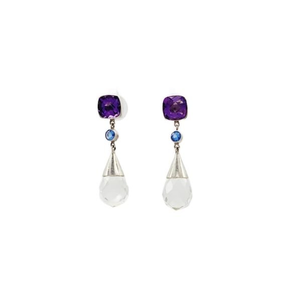 Peitho Post Drop Earrings - Amethyst, Cubic Zirconia and Clear Crystal Quartz