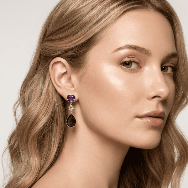 Hathor Post Earrings - Amethyst, Peridot Green and Cubic Zirconia - Image 2