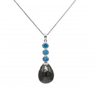 Pallas Pearl Pendant Necklace - Iridescent Dark Shell Pearl with Pale Blue Cubic Zirconia Trio