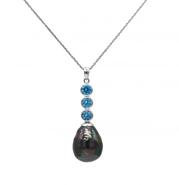 Pallas Pearl Pendant Necklace - Iridescent Dark Shell Pearl with Pale Blue Cubic Zirconia Trio